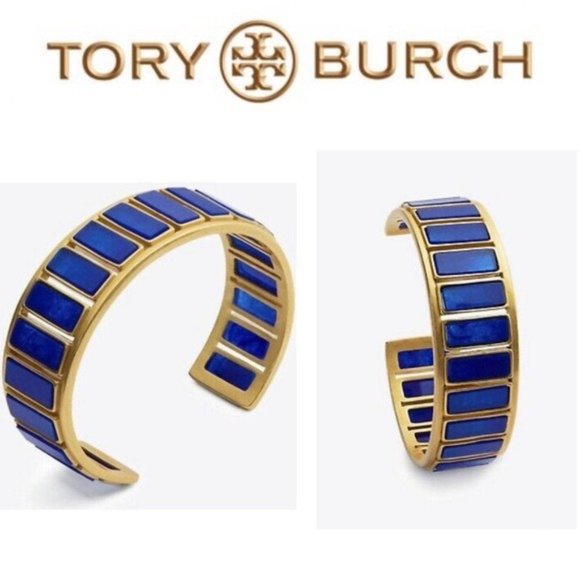 TORY BURCH Rectangle Epoxy Blue Gold Cuff Bracelet - Picture 11 of 16
